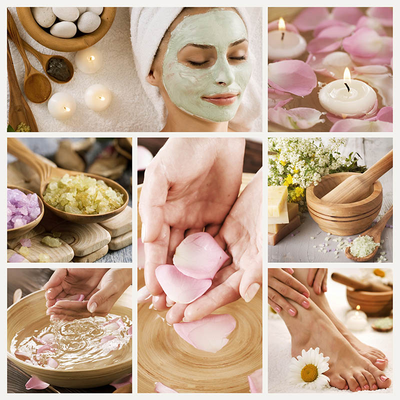 Collage of spa images featuring manicured hands, pedicured feet, and a face mask